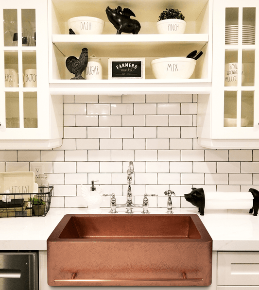 33" Farmhouse Single Well Towel Holder Straight Apron Hammered Copper Kitchen Sink - Daphs Designs
